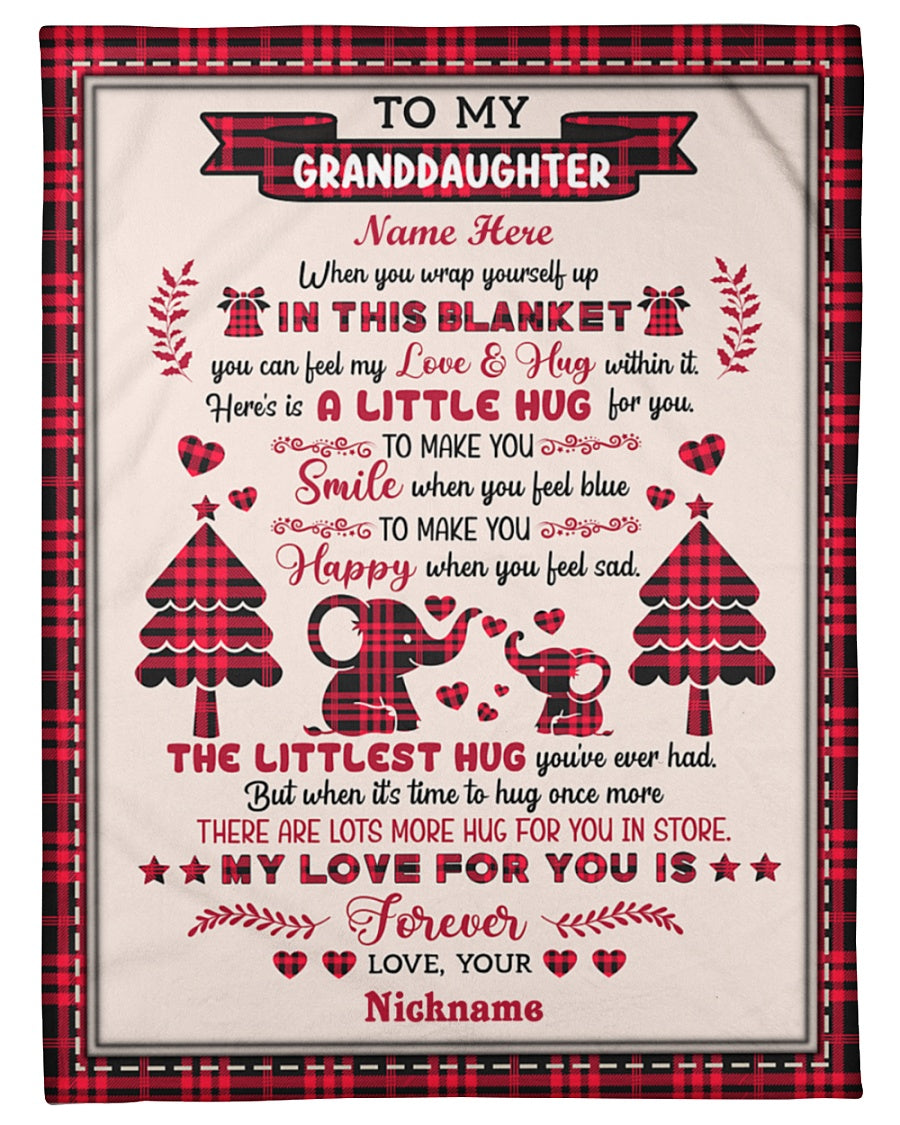 Tmarc Tee Personalized Granddaughter Gift Elephant Red Plaid Christmas Hug Quotes – Fleece Blanket