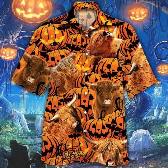 Highland Cattle Halloween Pumpkin Hawaii Shirt For Men Women Ha17386