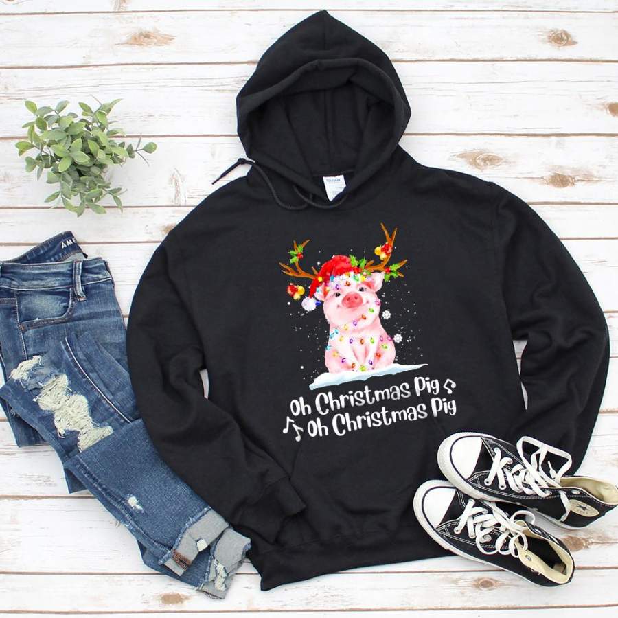 Pig christmas melody merry christmas colorful light pink cute pig snow reindeer hat black hoodie for men and women S-5XL