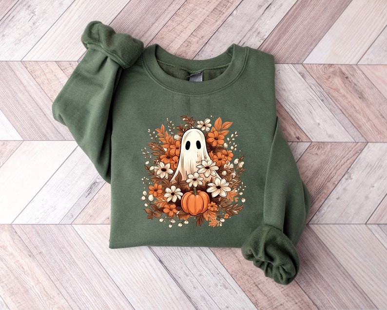 Floral Ghost Halloween Sweatshirt Halloween 2D Crewneck Sweatshirt All Over Print Sweatshirt For Women Sweatshirt For Men Sws4808