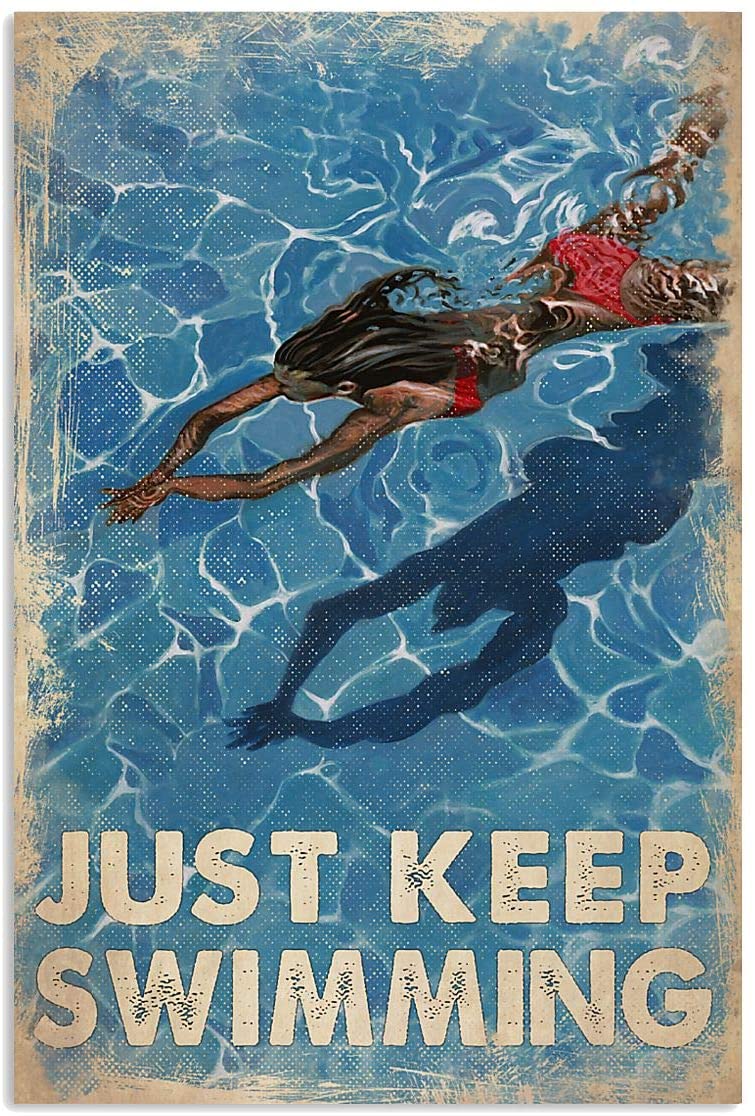 Vintage Girl Just Keep Swimming Poster Art Print      Home Decor Gift For Men Women Family Friend On Birthday Xmas