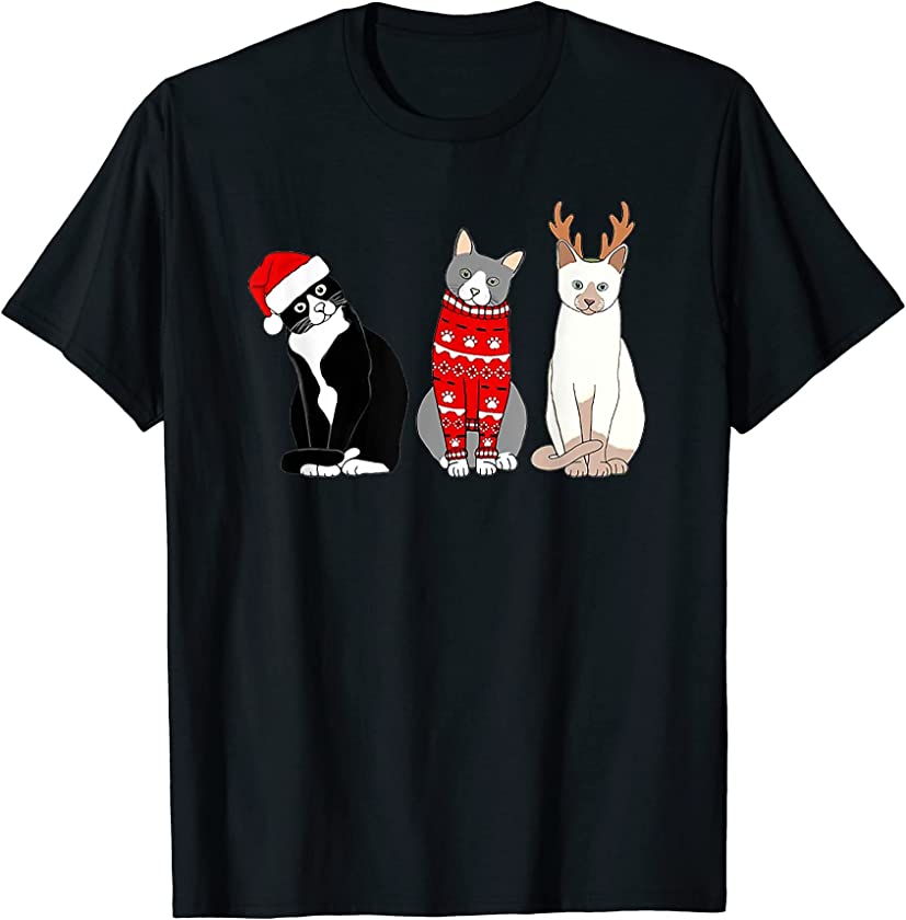 Ugly Christmas Black Cat Santa Hat Scarf Holiday Cute T-Shirt