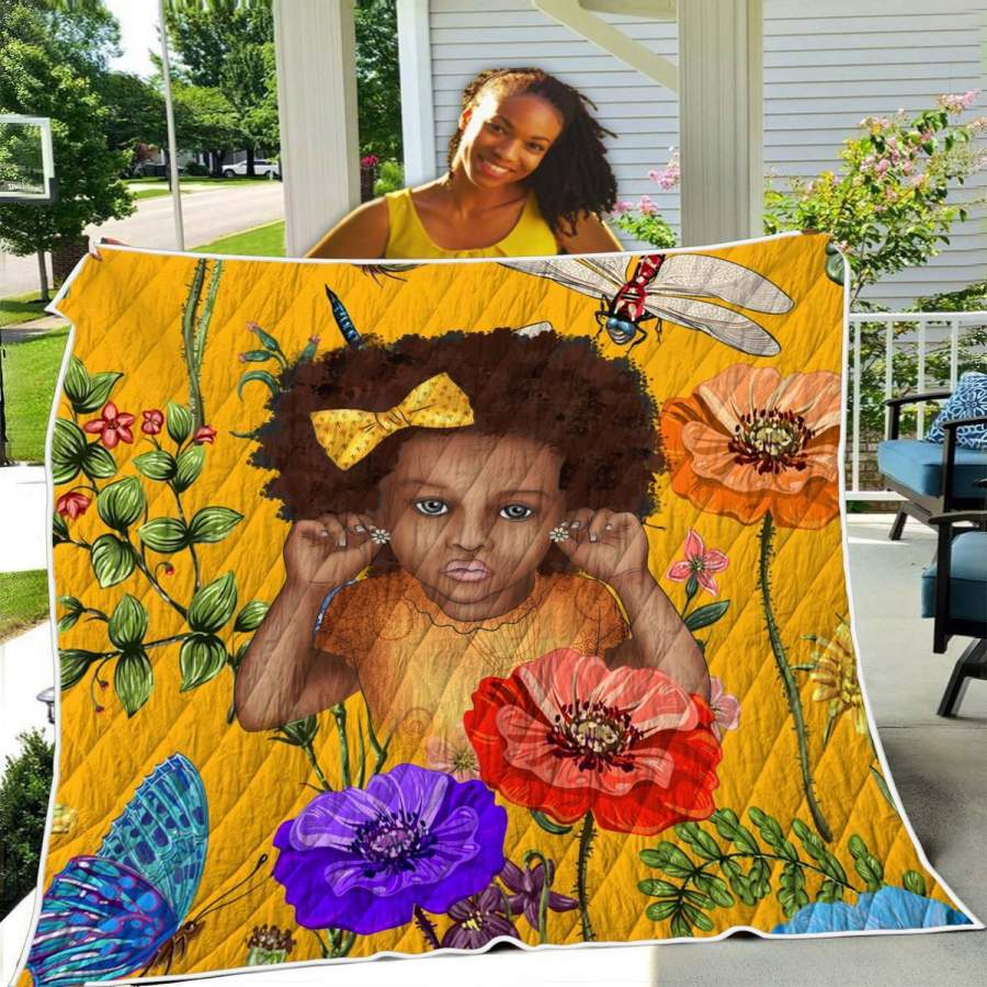 African American Daughter Quilt Blanket – Nice Curly Fro Natural Flower Style Quilt Blanket Christmas Gift Ideas