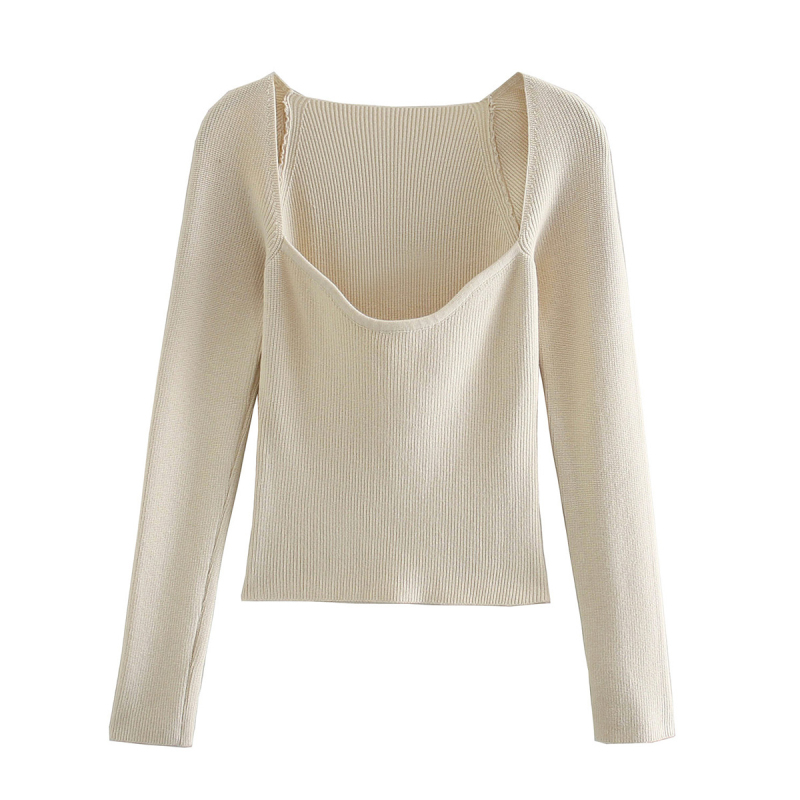 Stylish Chic Beige Knitted Cropped Blouses Women Fashion Sexy Square Collar Shirts Girls Streetwear Casual Tops Sweater alx