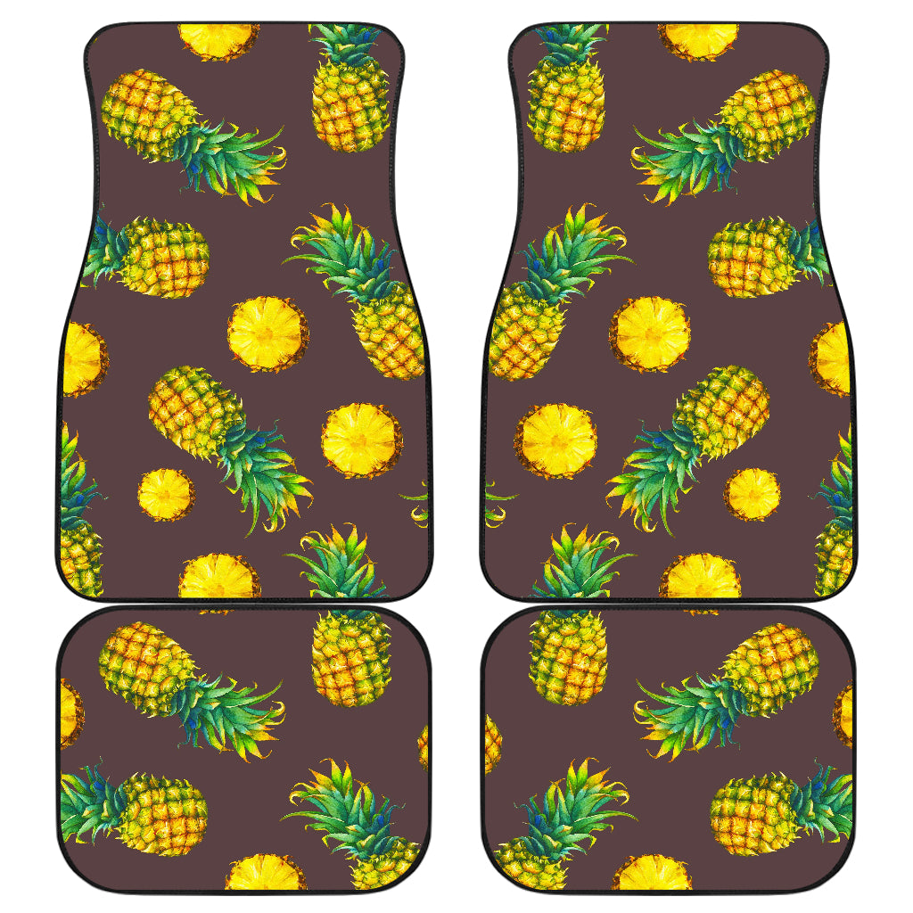 Brown Pineapple Pattern Print Front And Back Car Floor Mats, Front Car Mat