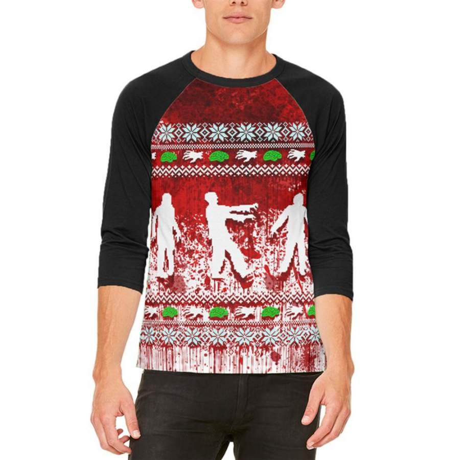 Ugly Christmas Sweater Bloody Zombie Attack Survivor Mens Raglan T Shirt