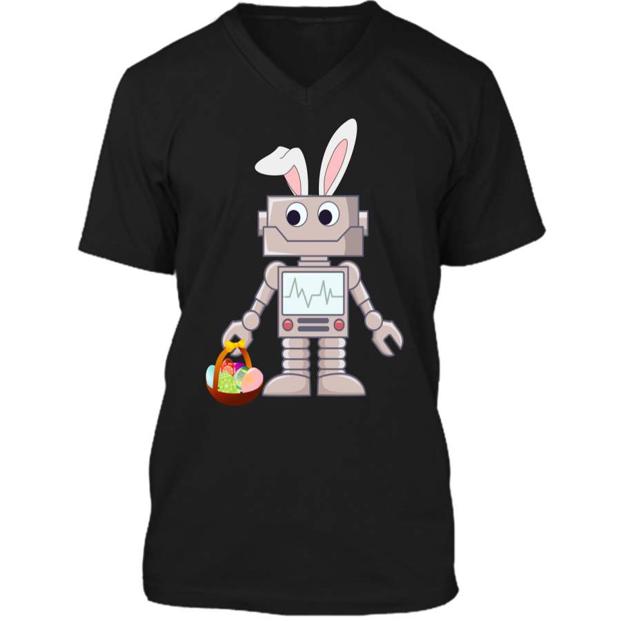 Cute Robot Bunny Easter T-Shirt – Robobunny – Kids Mens Printed V-Neck T