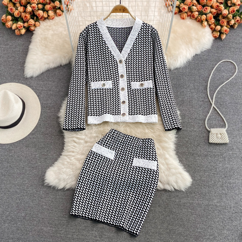 Autumn Winter New Korean V Neck Single Breasted Casual Cardigan Sweater High Waist Hip Skirt Suit Women’s Knitted Two Piece Set alx