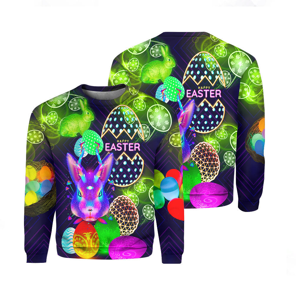 Neon Bunny Easter Day Crewneck Sweatshirt Over Print | For Men & Women | Th1189