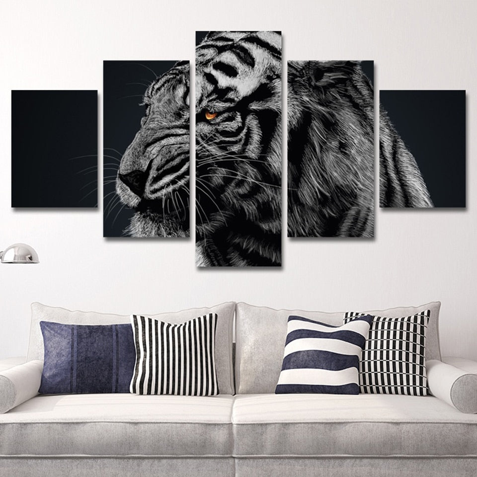 Animals Tiger Paintings 5 Piece Hd Multi Panel Canvas Wall Art Frame