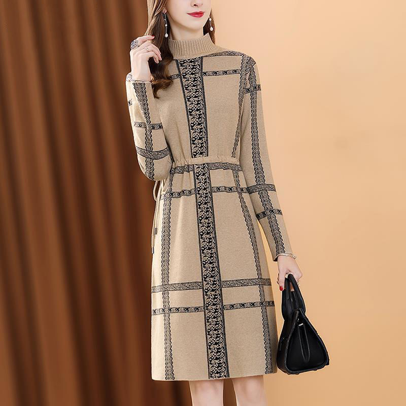 Women’S Turtleneck Pullover Knitting Sweater Dress For Autumn 2022 New Vintage Print Plaid Patchwork Female Bottom Clothes alx