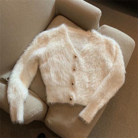 2022 V Neck Cropped White Mohair Knitted Cardigan Retro Casual Lazy Oversized Sueters Sweaters for Women Solid Clothes Jacket alx