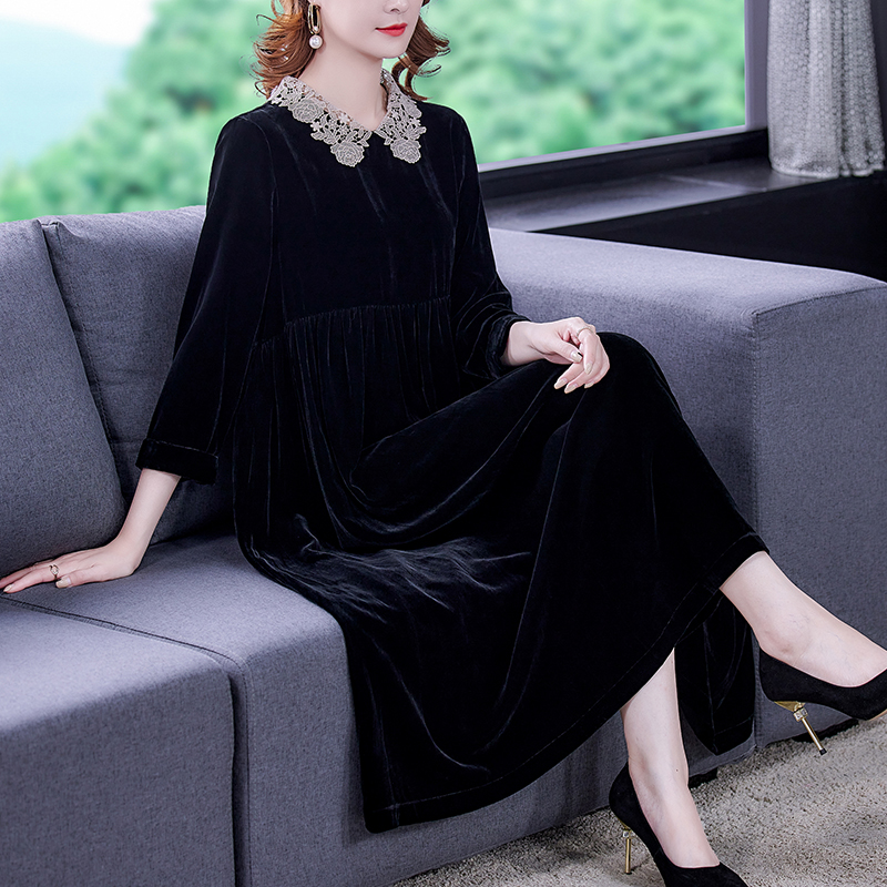 Women’s High End Velvet Velvet Dress Fall 2022 New Plus Size Loose Skinny Long Dress Casual Vintage Black Party Dress Vestidos alx