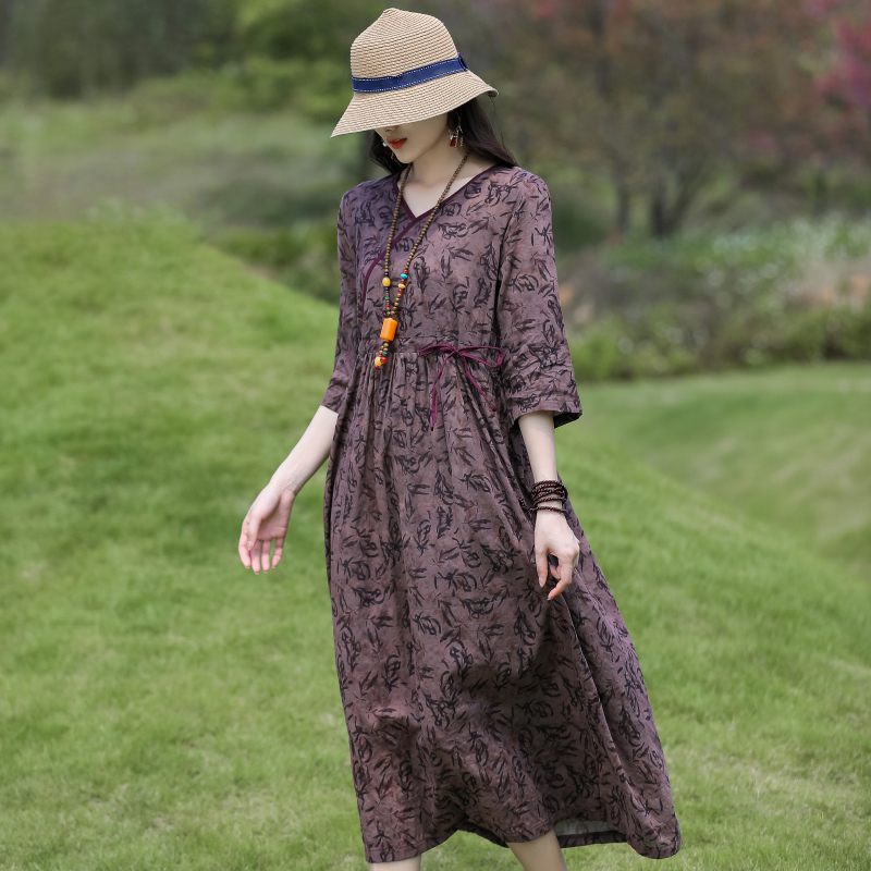 2022 New Arrival Print Floral Vintage Spring Summer Dress Thin Soft Cotton Linen Holiday Outdoor Travel Casual Women Midi Dress alx