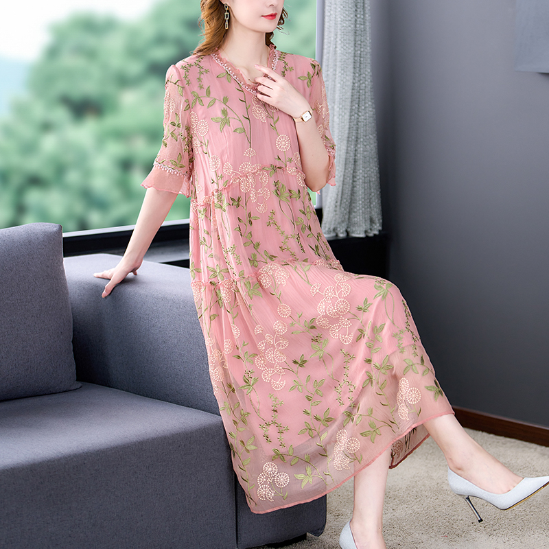 2022 5XL New Women Elegant Embroidered Lace Dress Pink Female Splicing Dress Floral Hollow Out Loose Casual Party Vestidos Silk alx