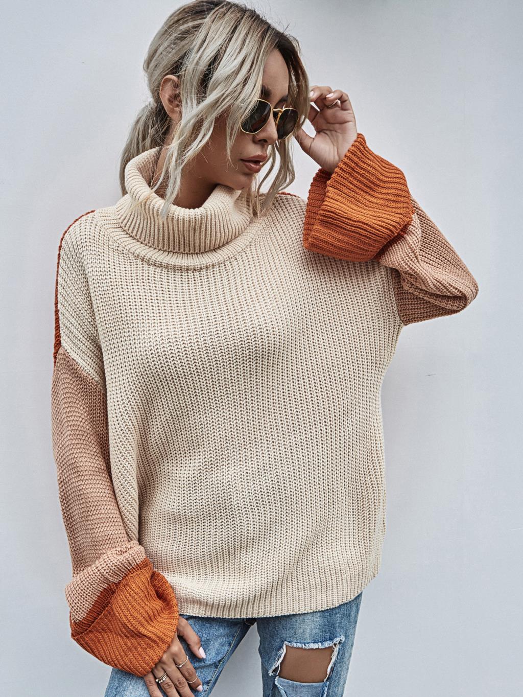 Autumn and winter new women’s color matching hollow top turtleneck pullover knitted bottoming sweater alx