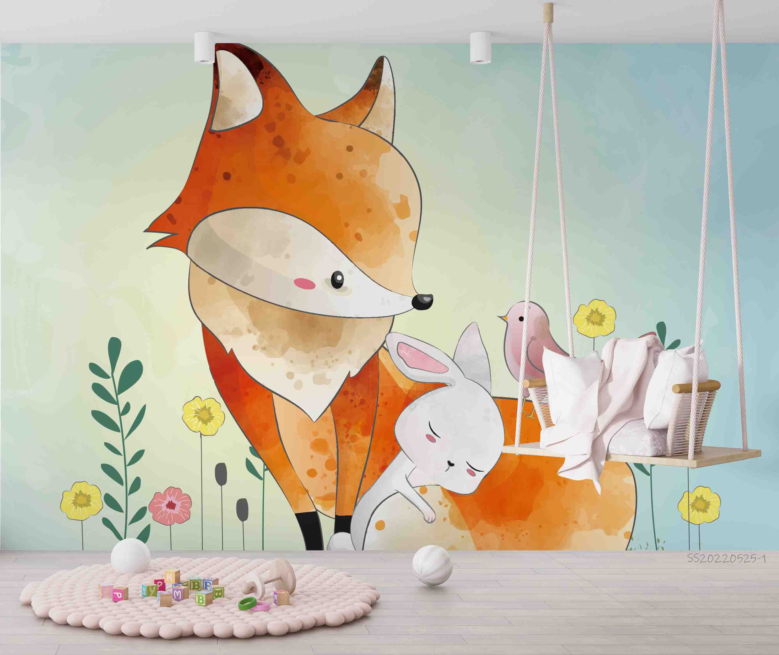 3D Watercolor Cute Fox Rabbit Bird Floral Wall Mural Wallpaper Gd 4820