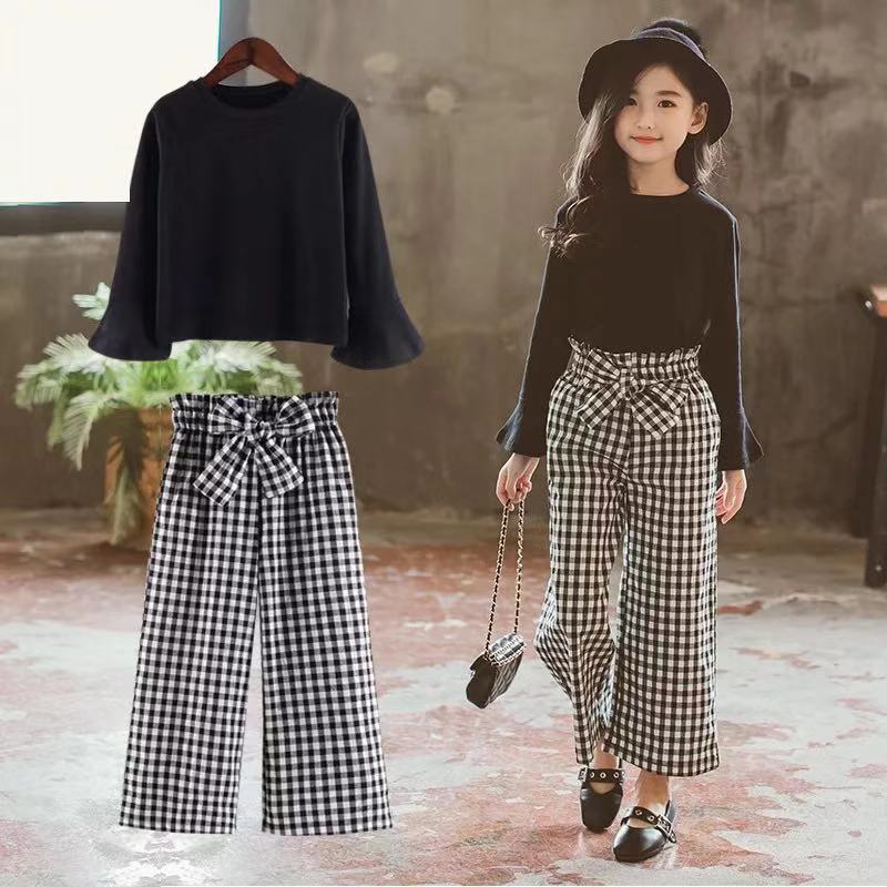 2020 Kids Girls Clothes Sets Long Sleeve T-shirts + Plaid Wide Leg Pants Autumn Children’s Clothing Teenage for 7 8 10 12 Years alx