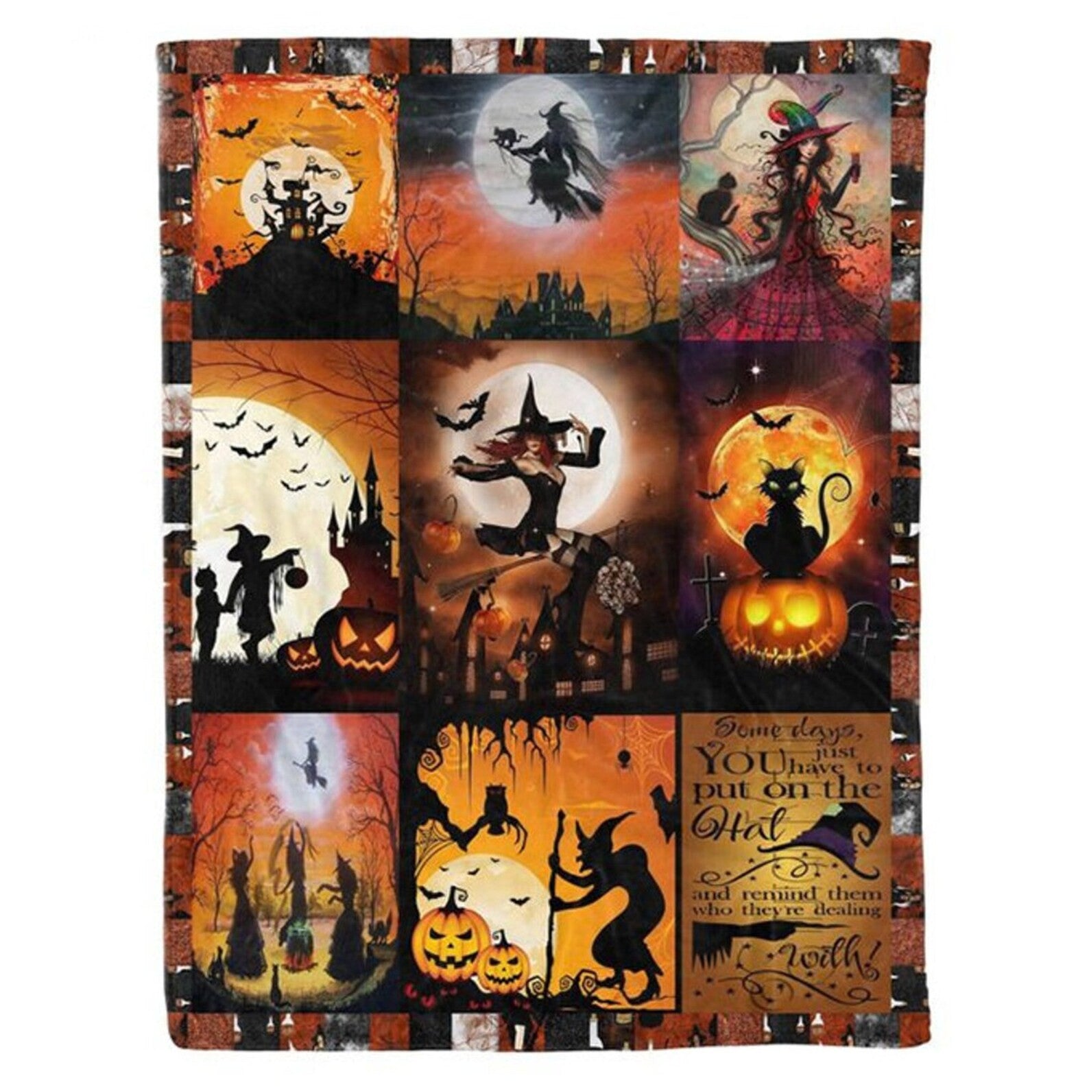 You Just Have To Put On The Hat Witch And Black Cat Potion Pot Halloween Orange Halloween Gifts Fleece Sherpa Blanket