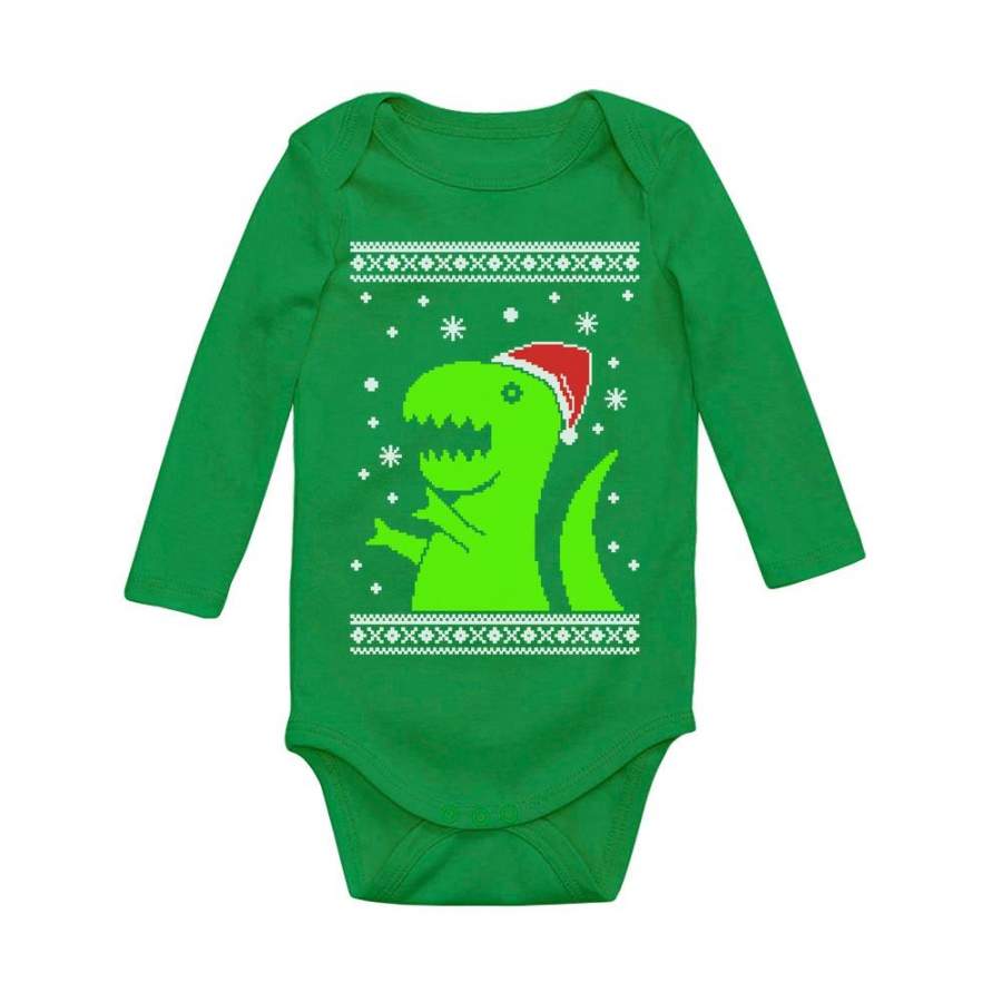 Big Green Trex Santa Ugly Christmas Baby Long Sleeve Bodysuit