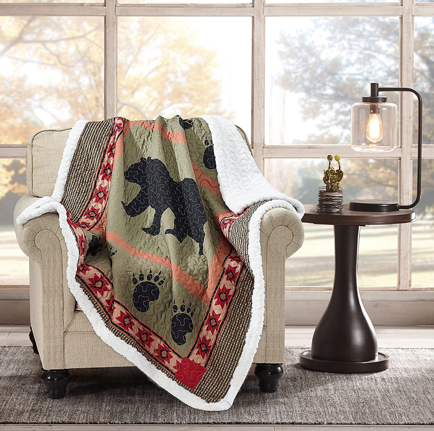 Quilted Bear Rustic Sherpa Throw Blanket For Couch – 50″ X 60″ – Bear And Paw Lodge-Themed Throw Quilt