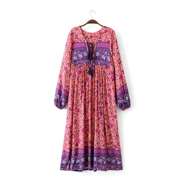 Vintage Chic Full Sleeve V Neck Rayo Cotton Long Dresses Floral Print Maxi Hippie Vestidos Mujer Femme Beach Holiday Boho Dress alx