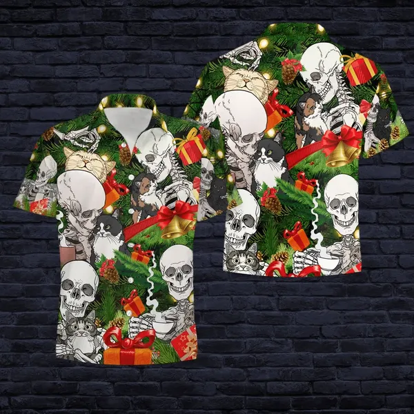 Skull And Cat Christmas Aloha Hawaii Shirts For Men Women Ha21259