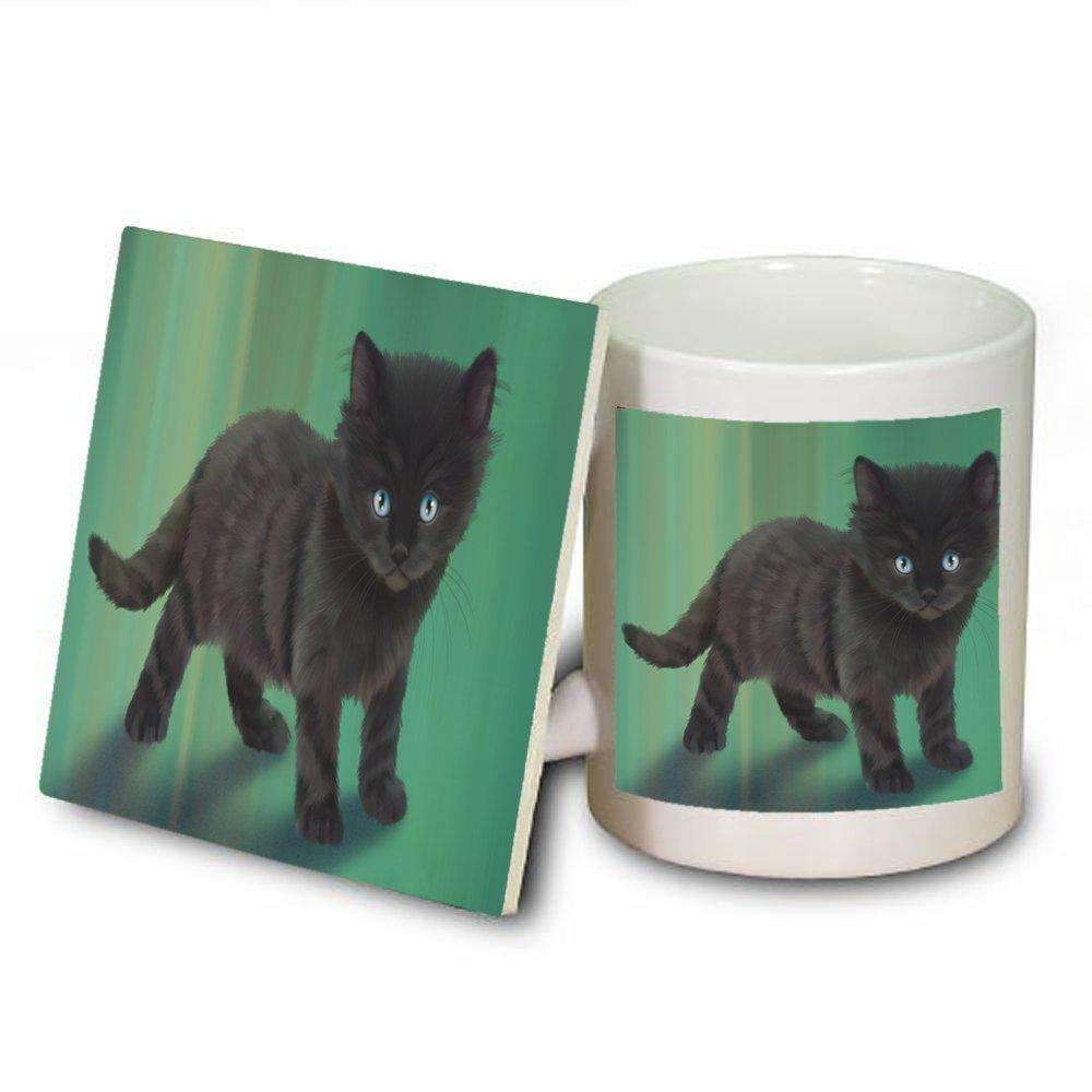 Black Kitten Cat Mug And Coaster Set