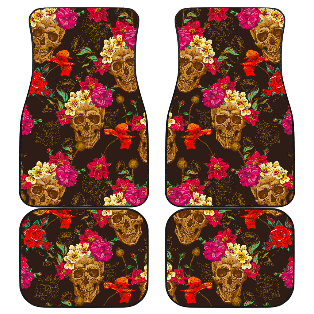 Vintage Flowers Skull Pattern Print Front And Back Car Floor Mats, Front Car Mat