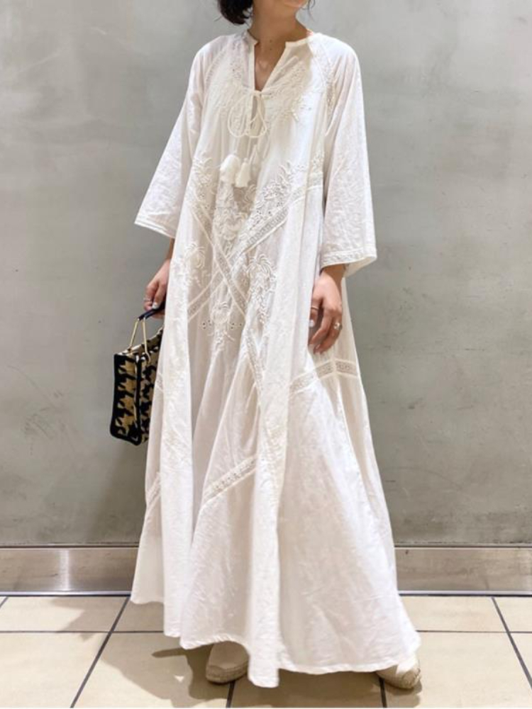 Women’s Summer Dress 2022 Loose Embroidered White Lace V-Neck Long Beach Dress Elegant Dress Holiday Women’s White Dress alx