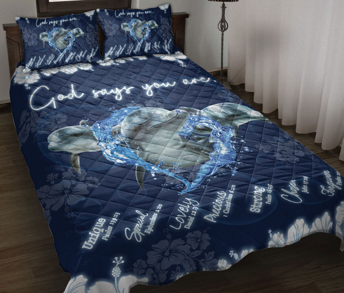 Dolphin Quilt Set, Gods Say You Are Dolphin And Flower Sea Quilt Blanket With Pillowcases, Quilt Bedding Set