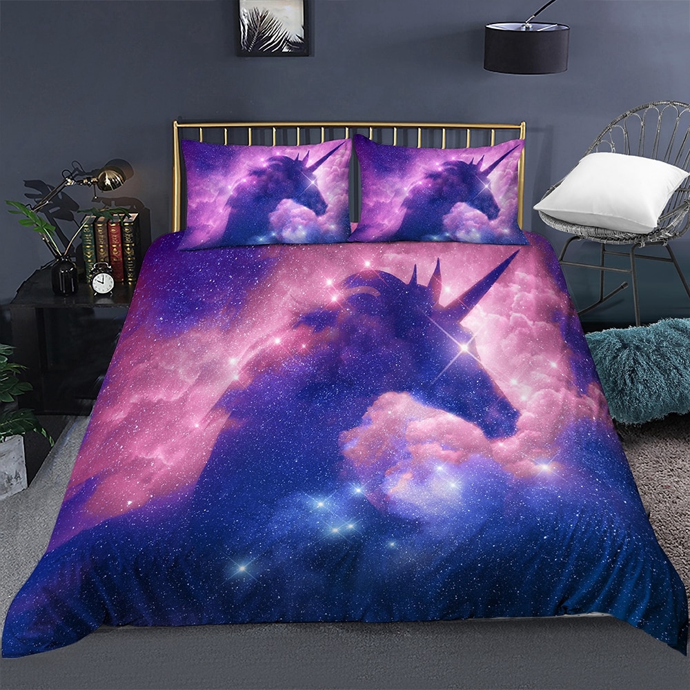 3D Cartoon Cat Wolf Horse Print Duvet Cover Bedding S Cover With Pillowcase Dream Purple Unicorn Bedding Set