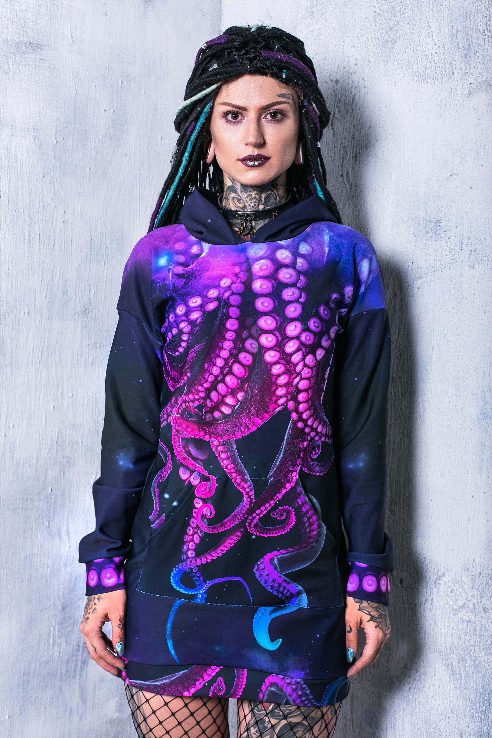 Octopus Hoodie, hoodie dress, long hoodie for women, cool graphic hoodie, kawaii clothing, pastel goth clothing, purple hoodie with tentacle