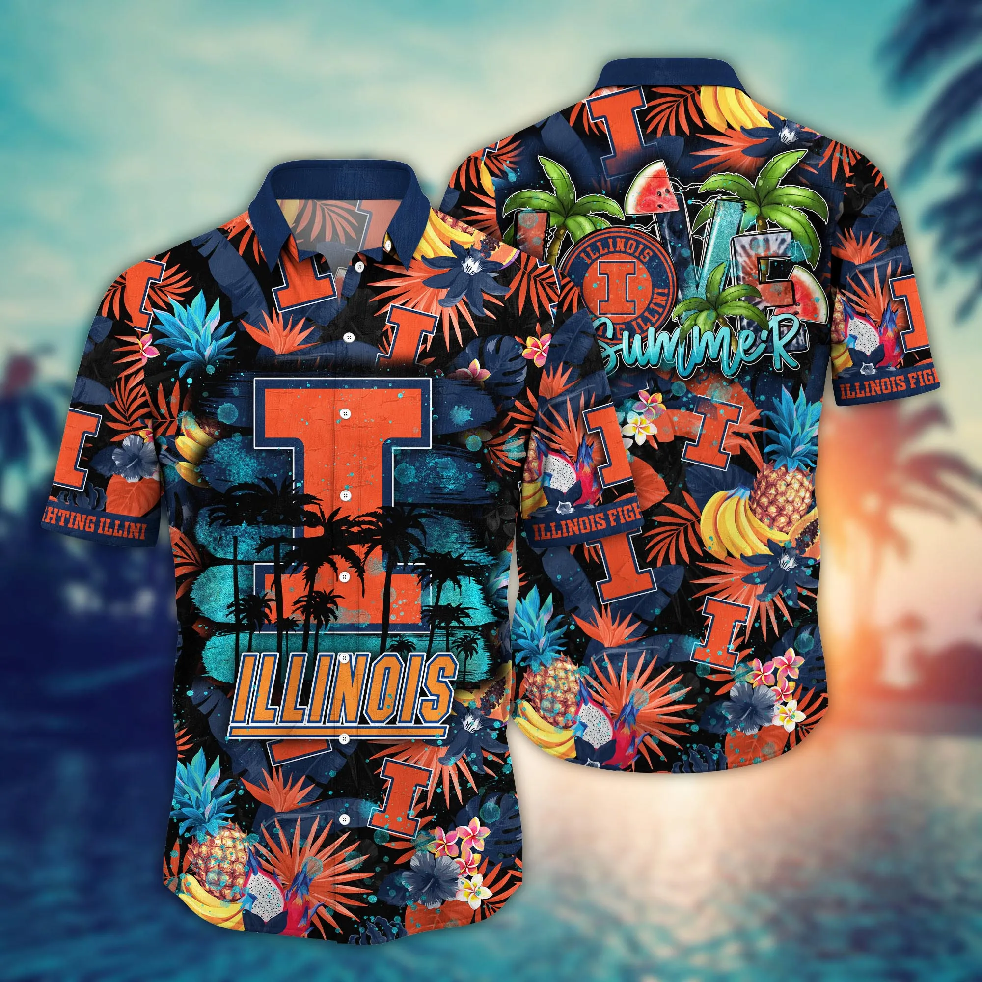 Illinois Fighting Illini NCCA Hawaiian Shirt Summer Nightstime Aloha Shirt