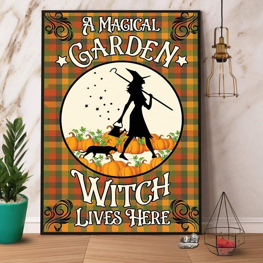Witch and black cat a magic garden Halloween paper poster no frame/ wrapped canvas wall decor full size