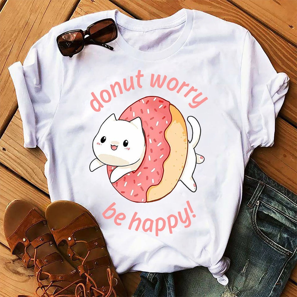 Donut Worry Be Happy Funny Cute Cat Kitten  Gift Graphic Unisex T Shirt, Sweatshirt, Hoodie Size S – 5XL