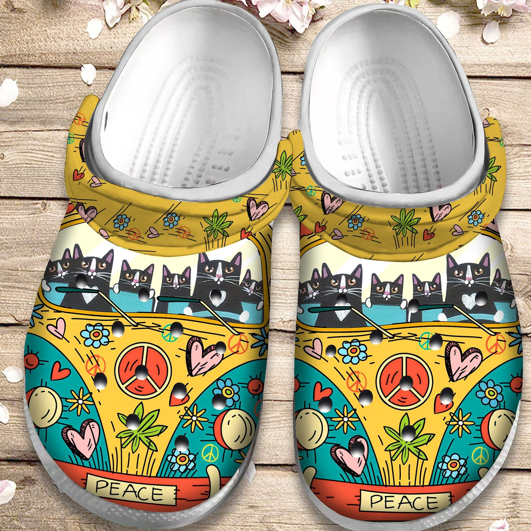 Hippie Cats Crocs Shoes – Peace Hippie Clogs Birthday Gift – Cat-2Hp