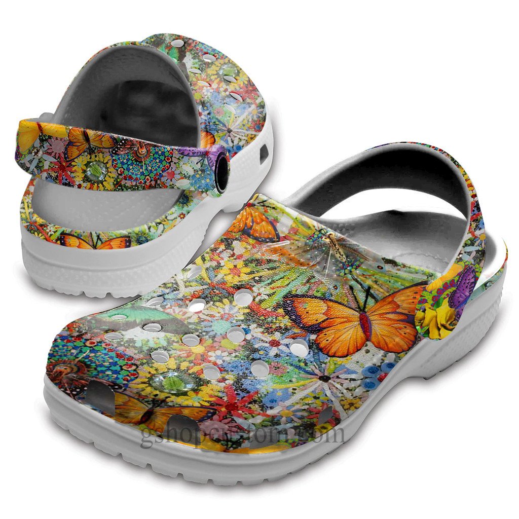 Butterflies Hippie Colorful Shoes Crocs – Vintage Buho Butterfly Clogs Shoes Gift For Women Girl – Boho-Flamingo