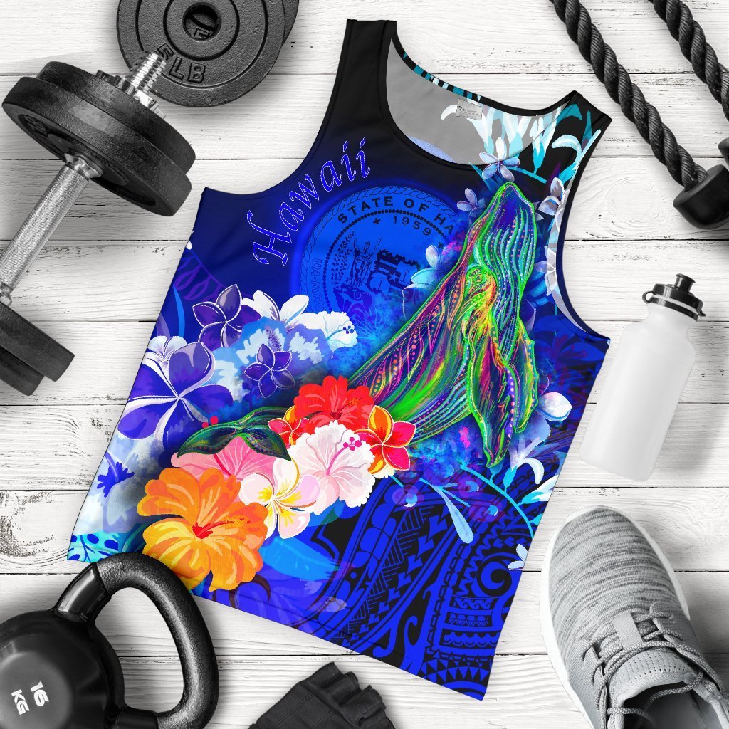 Polynesian Hawaii Men’S Tank Top – Humpback Whale With Tropical Flowers Blue