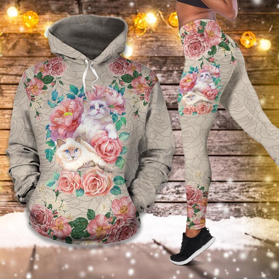 Cat Floral 3D Hoodie Legging Set Combo