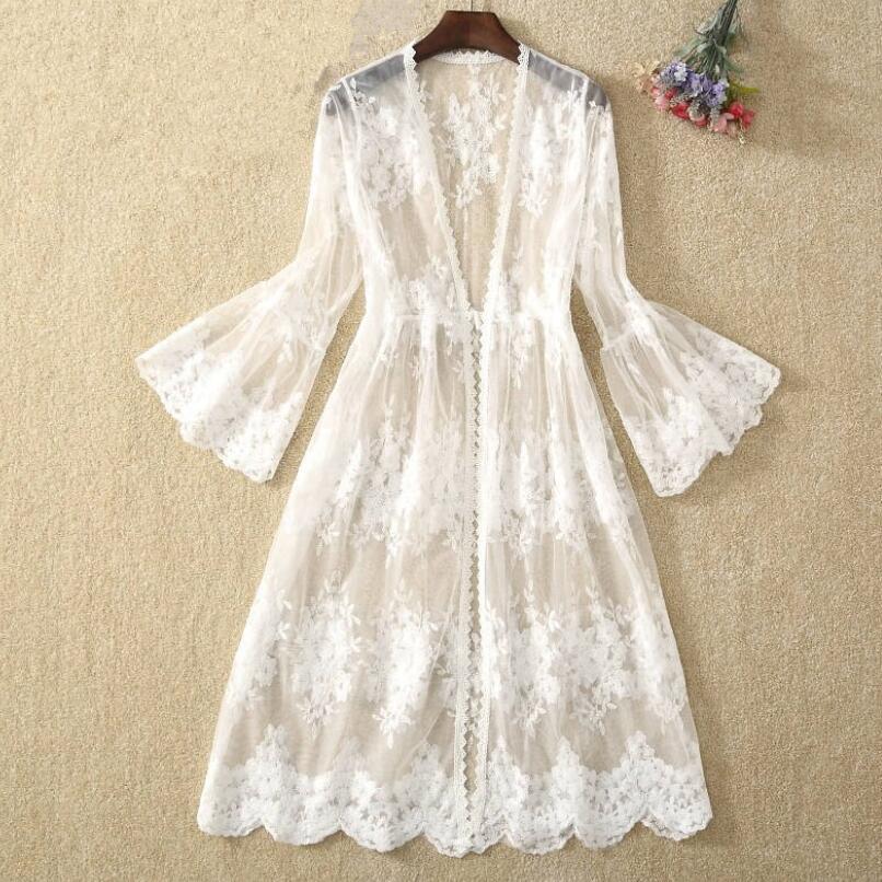 Summer Spring Autumn Flare Sleeve Open Stitch Cardigan Women Clothes Female Floral Lace Long Cardigans Women Thin Coats JW9480 alx