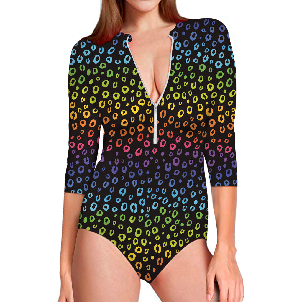 Rainbow Leopard Pattern Print Long Sleeve One Piece Swimsuit