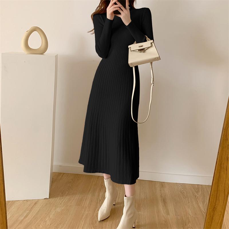 Autumn Winter Long Sleeve Party Dress Women Button Knitted Mid-calf Half High Collar Elegant Knitted Sweater Dresses Ladies alx