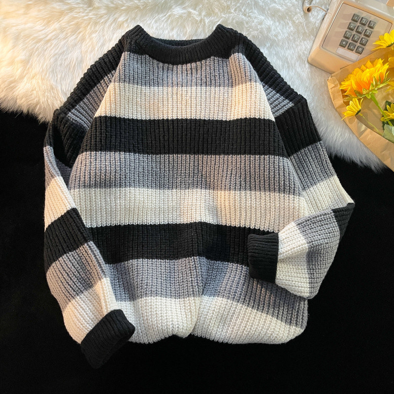 Sweater Pullovers Men Striped Design O-neck Fashion Ins Daily Knitting Soft All-match Loose Korean Style Casual Spring New Teens alx