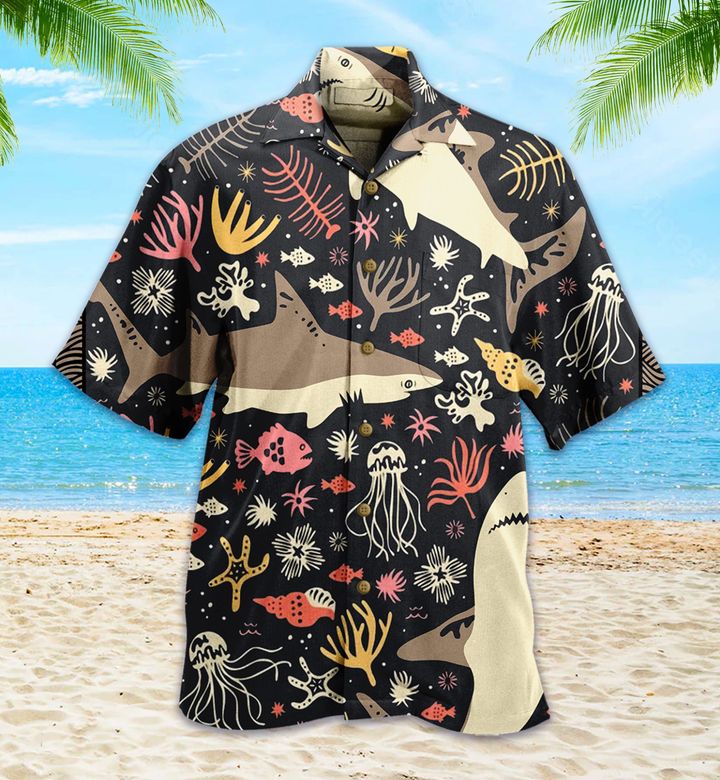 Shark Seashell Fish Black Hawaiian Shirt 3D