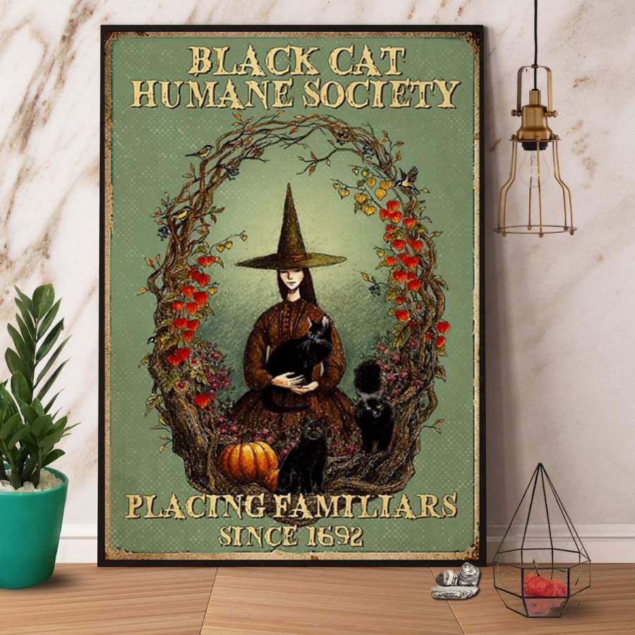 Witch black cat human society placing familiar Halloween vintage paper poster no frame/ wrapped canvas wall decor full size