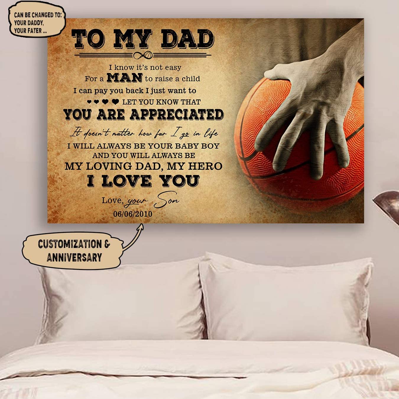 Poster for Room Aesthetic -Command Strips Wall Decor – Ly94 Customizable Basketball Poster – Son to Dad – I Know It’s Not Easy