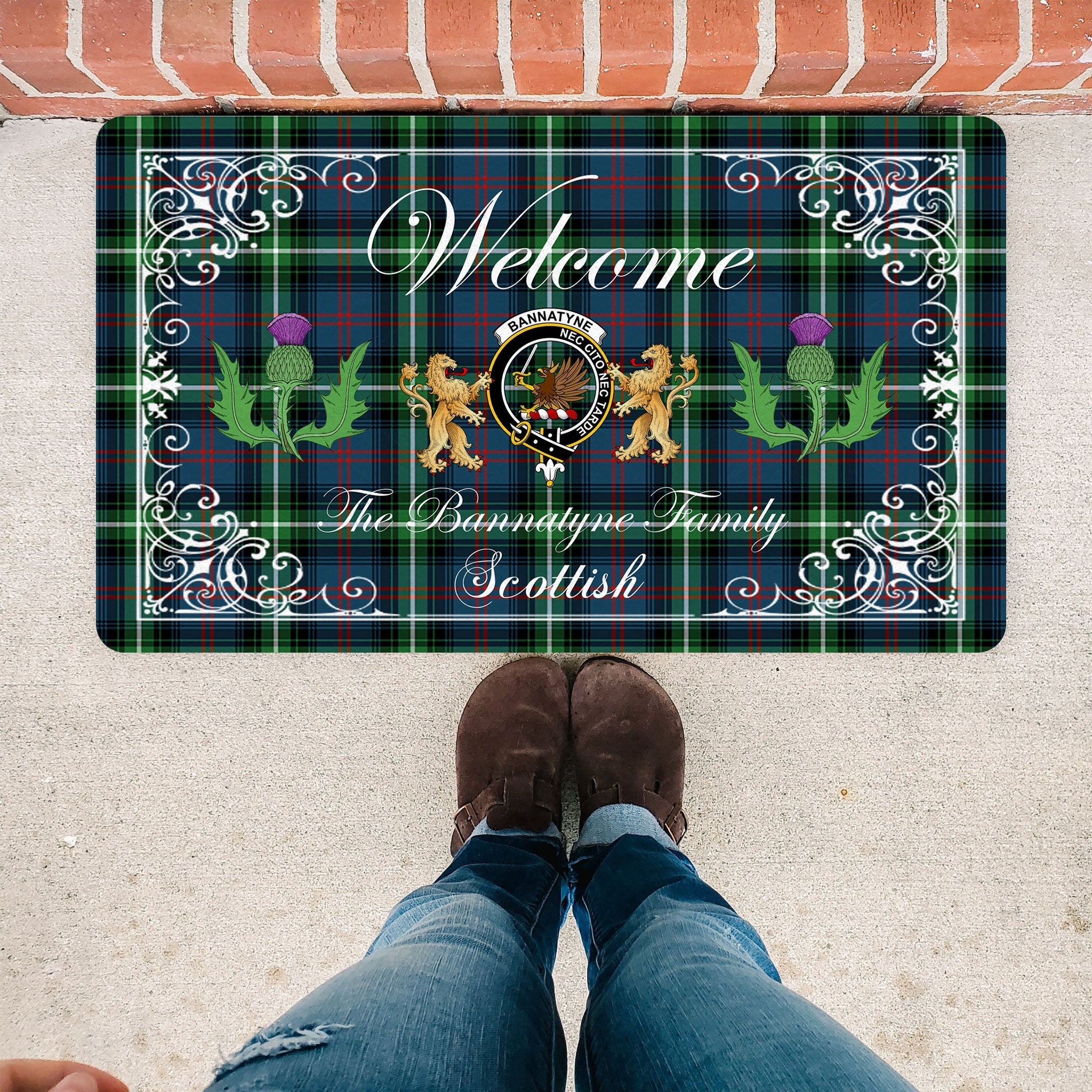 Scotstee Shop Tartan Door Mats Clan Bannatyne Badge Tartan Thistle And Two Lion Scottish Plaid Doormat, Christmas Door Mat Gift