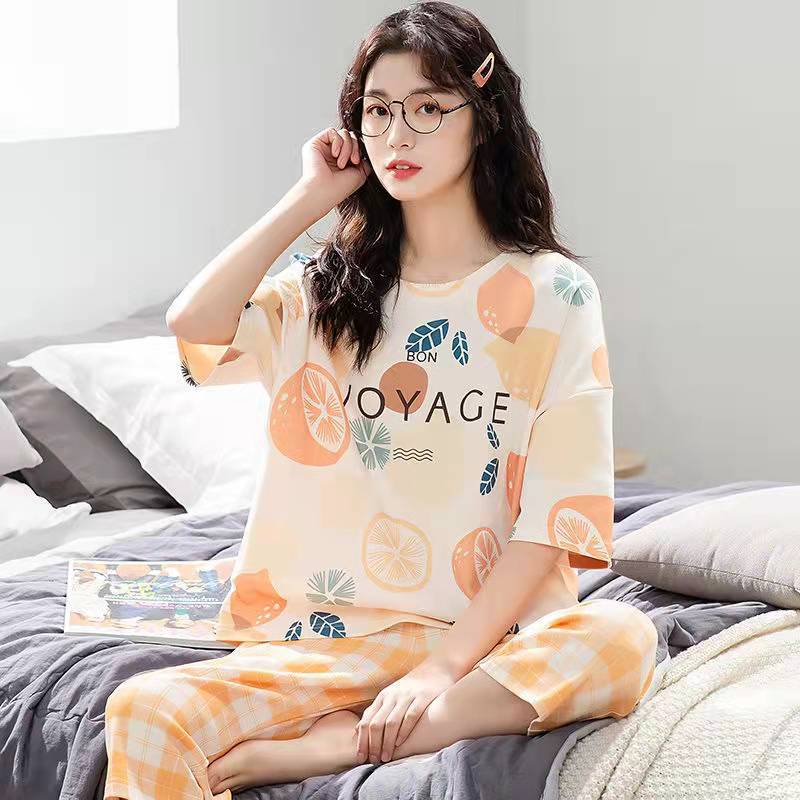 2022 New Large Size Pajamas Ladies Summer Short Sleeve Thin Cartoon Round Neck Cotton Homewear Suit alx