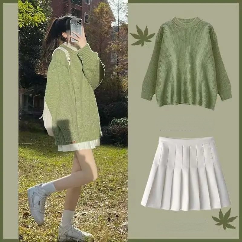 [Two Piece Suit] College Style JK Pleated Skirt + Long-sleeved Knitted Sweater Women’s Suit alx